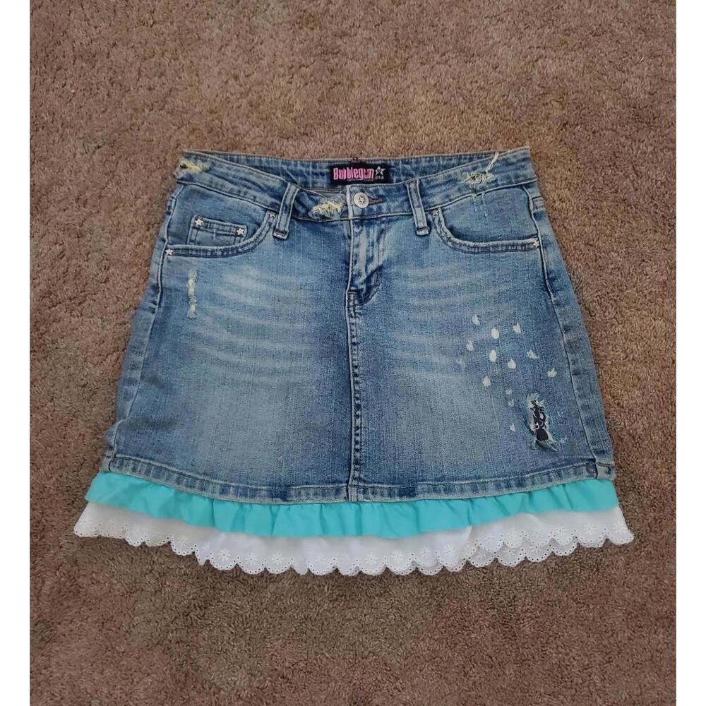 Vintage Y2K Bubblegum Denim Mini Skirt Women Sz 3/4 Coquette Ruffles Festival
